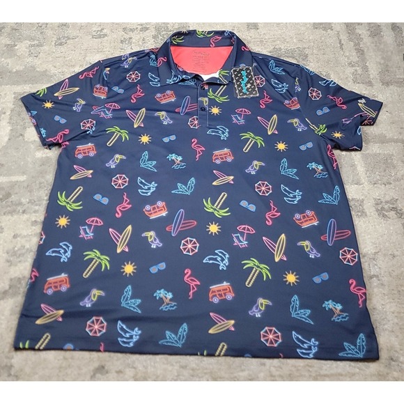 Birdie Bound Other - NWT Birdie Bound Performance Golf Polo Shirt Mens Blue Neon Tropical Florida 2XL